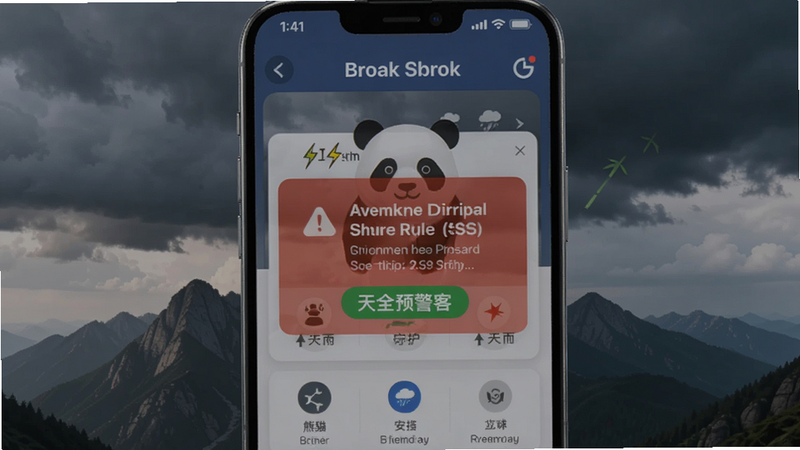 熊猫客的天气预警界面,手机屏幕显示暴风雨即将来临的警示弹窗,背景是阴云密布的山峰,画面氛围紧张但信息清晰,强调安全守护功能的重要性。