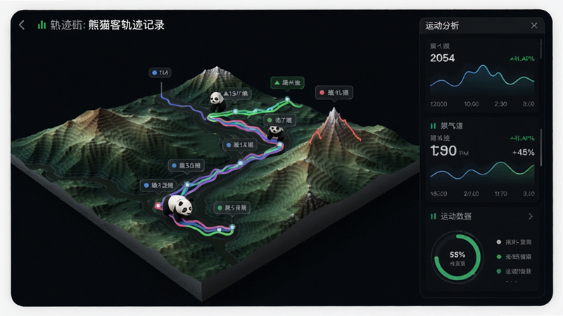 熊猫客的轨迹记录界面,一张带有彩色线条的3D地形图上显示用户行走的路径,标注时间点和海拔标签,旁边有运动数据面板,风格科技感十足,突出数据分析能力。
