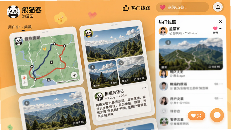 熊猫客的社区分享界面,展示用户发布的游记卡片,包含轨迹图、多张风景照片和文字描述,背景是热门线路的点赞界面,色调温暖活泼,突出社交互动元素。