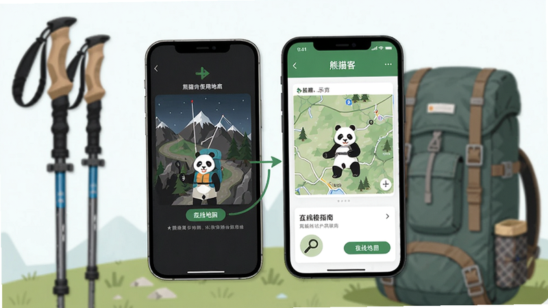 熊猫客使用指南示意图,手机旁边放着一张离线地图下载界面,背景有登山杖和背包,画面简洁清晰,突出操作指引。