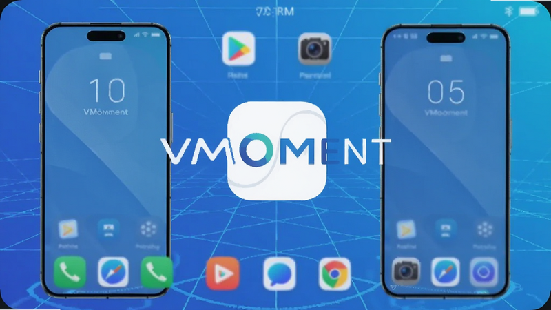 VMOMENT应用主界面截图,显示虚拟手机桌面,背景为科技感蓝色渐变,画面中央有VMOMENT logo,坐标居中,背景有抽象网格线条