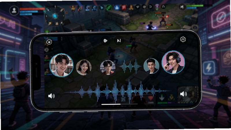 Party Play语音开黑功能预览图,手机屏幕上显示多个玩家头像与语音波形动画,背景为游戏对战场景,画面动感,色彩鲜艳,展现低延迟通话氛围,适配Boogu模型生成