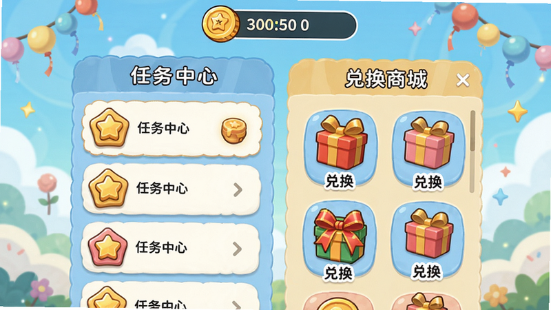 Party Play任务中心与兑换商城界面素材,上方显示金币余额,下方为任务列表和可兑换奖品图标,风格清新卡通,突出收益可视化,适配Boogu模型生成