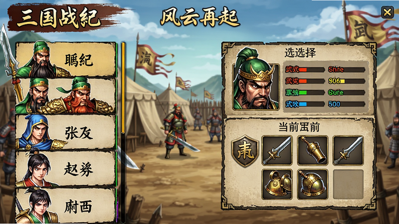 三国战纪:风云再起武将选择界面,展示多个角色立绘,左侧列表有关羽、张飞、赵云等,右侧显示选定角色的属性面板和当前装备,背景是军营场景,UI风格古朴典雅
