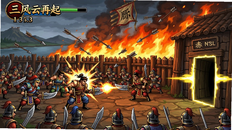 三国战纪:风云再起游戏关卡截图,角色在赤壁场景中与大量士兵战斗,画面右侧有隐藏通道入口闪烁提示,背景有熊熊烈火,空中飘着箭矢,战斗场面激烈
