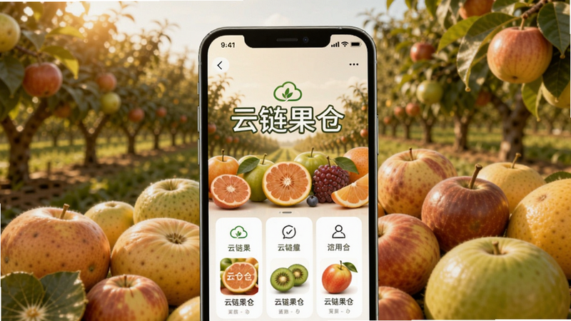 画面中央展示一台手机屏幕,屏幕内显示云链果仓APP的主界面,背景是模糊的果园和新鲜水果堆,色调温暖明亮,突出软件名称“云链果仓”和水果元素,画面比例为16:9,风格写实,光线柔和。