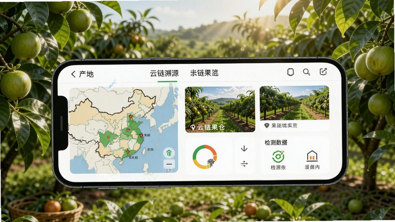 手机屏幕上展示一张水果溯源码详情页,包含产地地图、果园实拍照片和检测数据,背景为翠绿的果园,阳光透过树叶洒下,画面清晰富有质感,突出云链果仓的溯源功能。