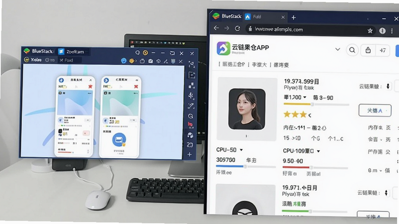 一张电脑屏幕截图,左侧显示BlueStacks模拟器窗口,右侧打开云链果仓APP的商品详情页,模拟器界面标有内存和CPU分配数值,背景为简洁的办公桌,突出模拟器运行环境。