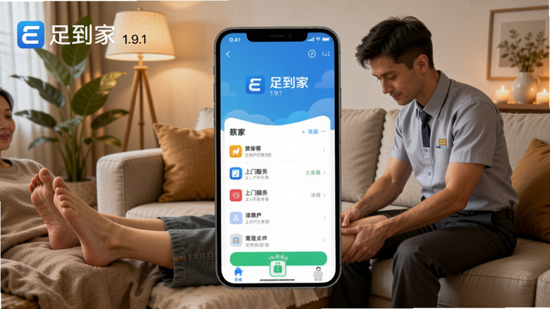 画面中央展示E足到家APP的首页界面,背景是温馨的客厅场景,包含沙发、绿植和柔光,一位穿着整洁的技师正在为沙发上的人进行足部按摩,整体色调温暖明亮,突出软件“上门服务”的核心定位,画面中要有“E足到家”LOGO和“1.9.1”版本字样,适配Boogu模型生成