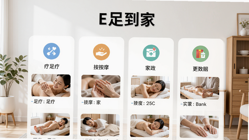 E足到家服务列表页截图,显示足疗、按摩、家政等图标分类,每个分类下有小图展示服务场景,背景为简约白墙和木质家具,画面中要有“E足到家”字样,突出项目丰富与清晰分类