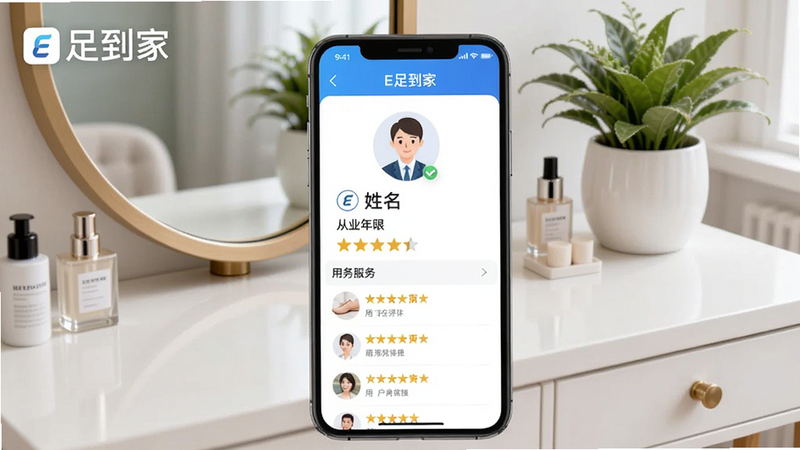 手机屏幕截图显示E足到家技师详情页,包含头像、姓名、从业年限、服务星级和用户评价列表,背景为一个整洁的梳妆台和绿植,画面中要有“E足到家”软件名称,强调正规认证与可信赖感