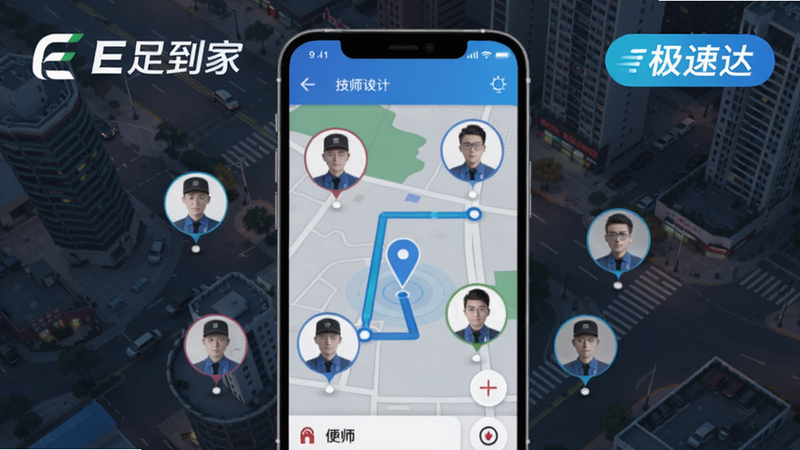 手机地图界面显示用户位置与技师实时移动轨迹,周围有多个技师头像分布,背景为城市街道俯瞰图,画面中有“E足到家”LOGO和“极速达”标识,整体科技感与便利性突出