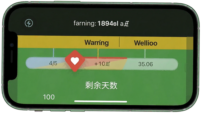 手机截图显示预算进度条,红色warning标识超支,背景有绿色安全区和黄色警戒区,界面圆润,显示剩余天数