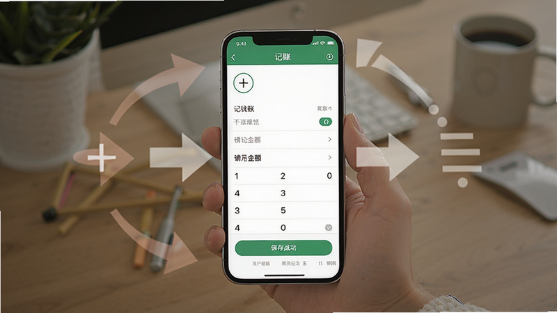 手机屏幕上展示钱往的记账操作流程,从点击加号到输入金额,最后保存成功,背景有箭头指引,界面清晰