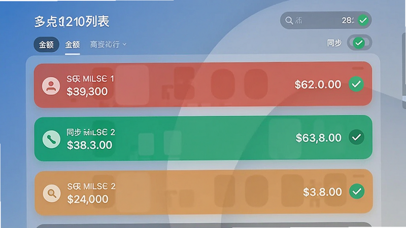 展示多账户列表页面,有各个账户的余额,颜色区分,背景平滑,显示同步状态图标