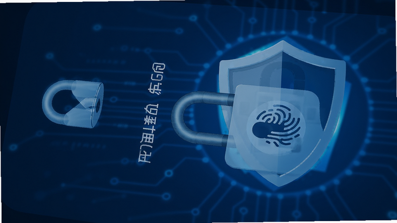一个锁屏界面显示钱往应用锁开启,指纹图标,背景有盾牌图案,整体蓝色安全风格