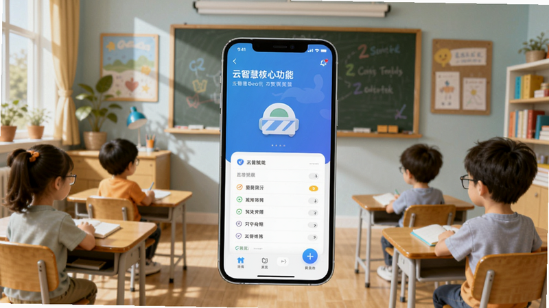 云智慧核心功能预览图,画面中央展示手机界面,背景为教室或家庭学习场景,色彩明亮,风格现代