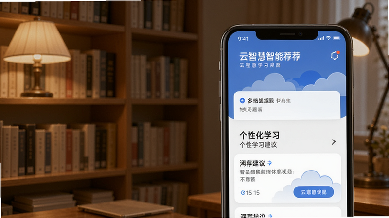 云智慧智能推荐界面示意图,手机屏幕上显示个性化学习建议,背景为书架和灯光,氛围温馨