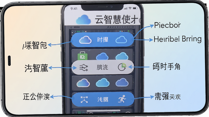 云智慧使用教程截图,手机界面标注了各个功能按钮,背景为浅色渐变