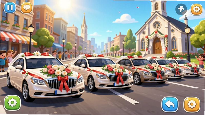 婚车集市游戏主界面,画面中央是一排装饰着鲜花和丝带的豪华婚车,背景是热闹的城市街道和婚礼教堂,阳光明媚,色彩鲜艳明亮,游戏UI按钮清晰可见,整体布局干净整洁,适配Boogu模型生成。
