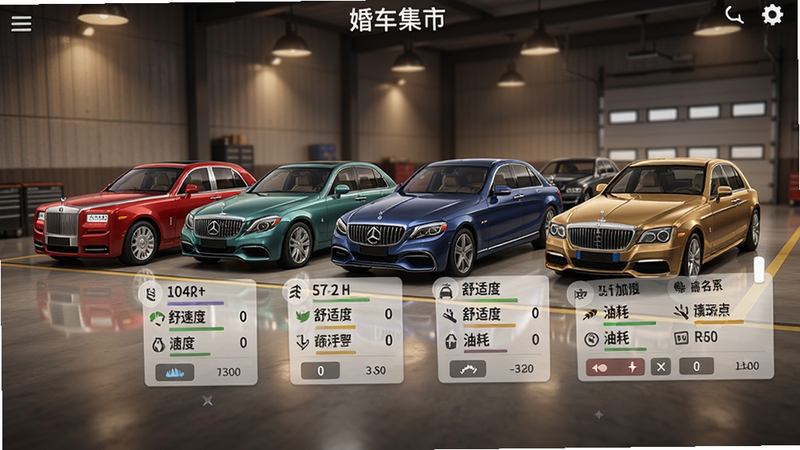 婚车集市游戏内车辆管理界面,展示一排不同颜色的劳斯莱斯、奔驰、宝马等婚车,每辆车都有详细的属性面板,包括速度、舒适度、油耗等,背景是车库场景,灯光柔和,细节精致。