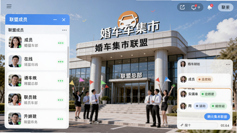 婚车集市联盟界面,展示联盟成员列表和聊天框,背景是联盟总部大楼,楼顶有婚车集市logo,画面动态显示成员在线状态,氛围轻松活跃。