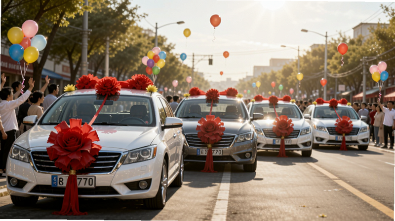 婚车集市车队巡游截图,画面中五辆装饰一新的婚车依次排开,车头挂着大红花,街道两旁有行人挥手祝福,天空飘着彩色气球,阳光洒落,画面充满喜庆氛围。