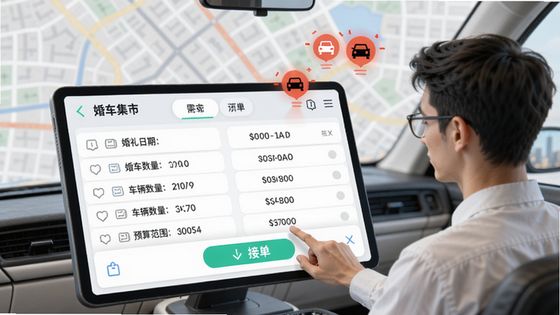 婚车集市订单界面,屏幕上显示多个客户需求列表,包括婚礼日期、车辆数量、预算范围,玩家正在点击接单,背景是城市地图,有竞争对手的图标闪烁,UI风格清新现代。