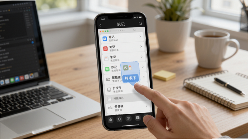 智在记录手机端操作示意图,手指点击笔记列表,屏幕显示拖拽排序动画,背景为日常办公桌面,适配Boogu模型生成