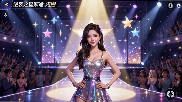 逆袭之星途闪耀电脑版游戏主界面,女主角站在华丽舞台中央,聚光灯照射,背景是璀璨星光和观众席,高分辨率,色彩鲜艳,强调游戏画面和明星氛围。