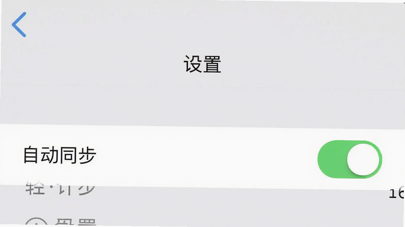 一张手机截图展示轻食计的“设置”页面,突出显示“自动同步”开关已开启,背景为浅灰色,UI元素简洁,文字清晰,整体界面干净。图片alt属性:轻食计设置界面