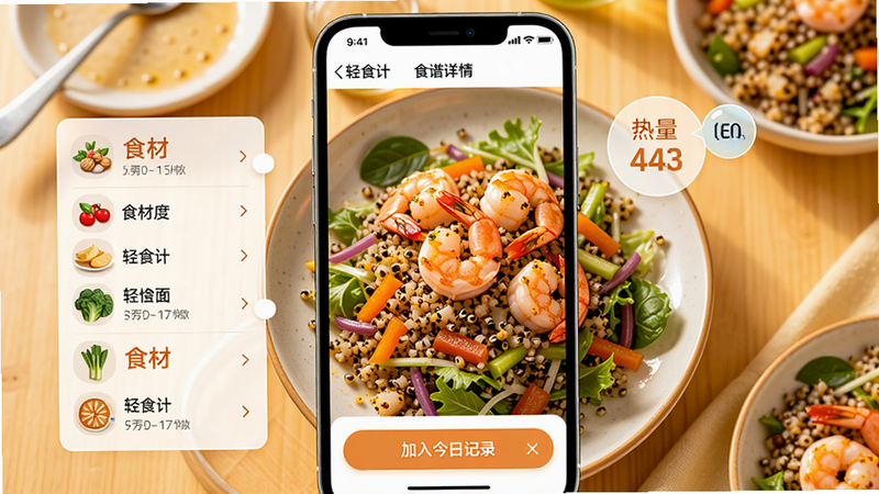 手机屏幕展示轻食计的“食谱详情”页面,一盘色彩鲜艳的藜麦虾仁沙拉放在画面中央,旁边有食材列表和热量的气泡标注,界面下方有“加入今日记录”按钮,整体采用暖色调,食物照片高饱和。图片alt属性:轻食计食谱社区