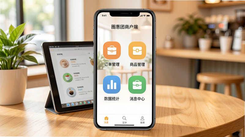 圈惠团商户端主界面展示,手机屏幕居中显示订单管理、商品管理、数据统计、消息中心四个核心功能图标,背景为干净明亮的咖啡厅环境,桌面摆放平板电脑和绿植,整体色调温暖清新,画面清晰聚焦