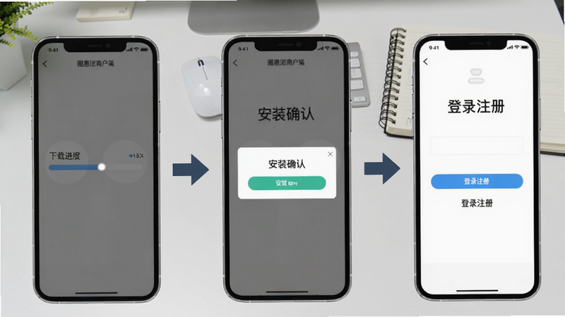 圈惠团商户端安装步骤演示,手机屏幕依次显示下载进度条、安装确认对话框、登录注册界面,背景为整洁的办公桌,旁边有鼠标和笔记本,画面步骤清晰,箭头标注操作顺序