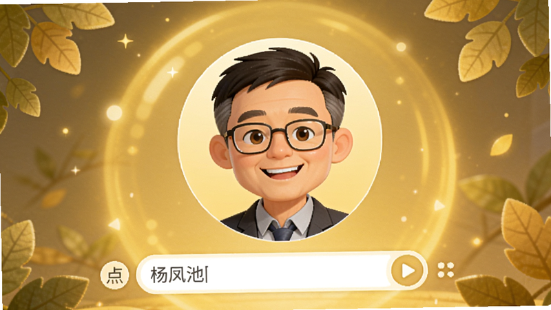 点点专家AI智能真身对话界面,屏幕中央显示杨凤池的卡通头像,下方是对话输入框,背景有柔和的光晕和树叶装饰,色调以暖黄色为主,传递亲切放松的氛围。