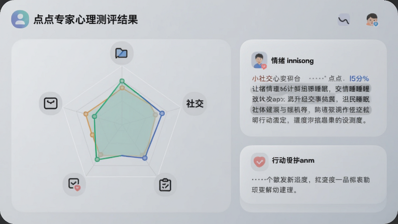 点点专家心理测评结果页面,雷达图展示情绪、睡眠、社交等维度得分,右侧有文字解析和行动建议,背景为浅灰色磨砂质感,图标使用圆角设计。