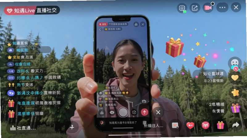 知遇Live直播社交界面预览,画面中心是主播手持手机进行户外直播,背景是森林和蓝天,屏幕上有弹幕和礼物特效,色彩鲜明活泼,展现真实互动场景