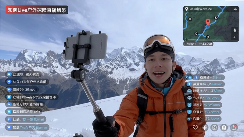 知遇Live户外探险直播场景,主播在雪山背景下手持自拍杆,画面一角显示实时位置地图和高度数据,观众弹幕飞出,展现冒险与互动融合