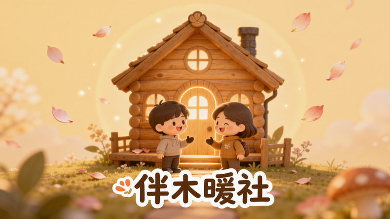 伴木暖社应用主界面,温暖的色调背景,中央显示一个发光的木质小屋,周围有柔和的光晕和飘落的花瓣,小屋门口站着两个卡通人物微笑对话,整体风格治愈温馨,前景有“伴木暖社”文字Logo,画面柔和明亮,细节丰富,适配Boogu模型生成