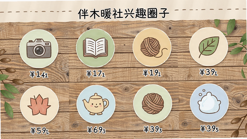伴木暖社兴趣圈子页面,展示多个圆形图标代表不同兴趣类别,如相机、书本、毛线球等,每个图标下方有成员数量,背景是木板纹理,整体风格自然清新