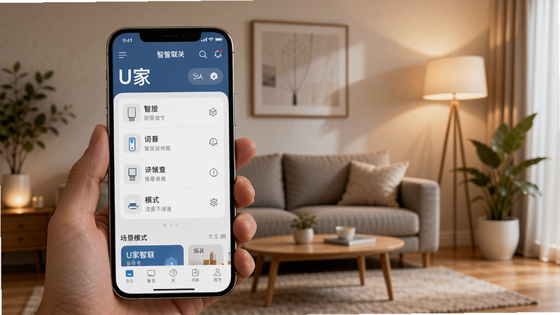 画面主体为一部手机屏幕显示U家智联主界面,背景为现代简约客厅,沙发、绿植、落地灯,暖色调灯光,手机界面清晰展示设备列表和场景模式,整体风格温馨智能,分辨率1920x1080,写实摄影风格