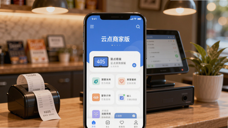 画面主体为智能手机屏幕显示云点商家版主界面,背景为模糊的实体店铺收银台,暖色调灯光,桌上有小票打印机和绿植,整体风格温馨专业,适配Boogu模型生成。