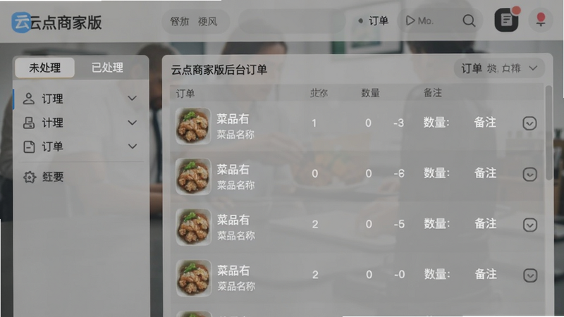 云点商家版后台订单列表界面截图,左侧有未处理/已处理筛选标签,右侧显示订单详情包括菜品名称、数量、备注,背景模糊化处理,突出数据清晰,适配Boogu模型。