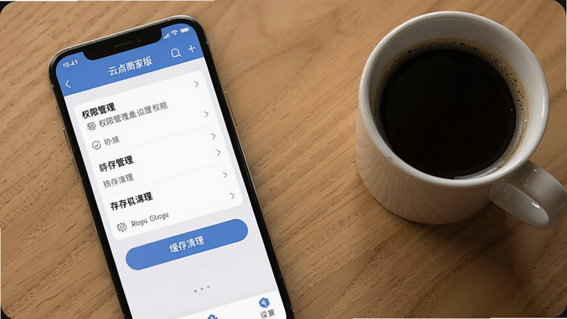 手机屏幕上显示云点商家版设置界面,包含权限管理选项和缓存清理按钮,背景为木纹桌面,旁边放着一杯咖啡,适配Boogu模型。