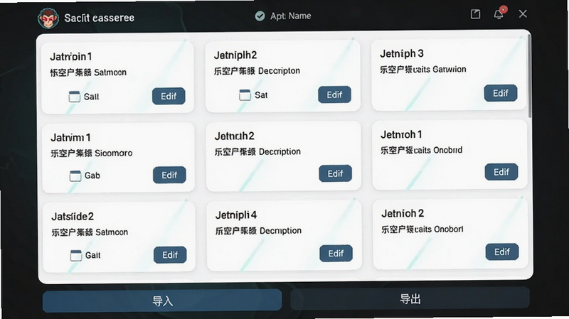 悟空自动连点点击器脚本管理界面,列表显示多个已保存的脚本卡片,每个卡片有名称、描述和编辑按钮,底部有导入和导出选项,界面清爽。