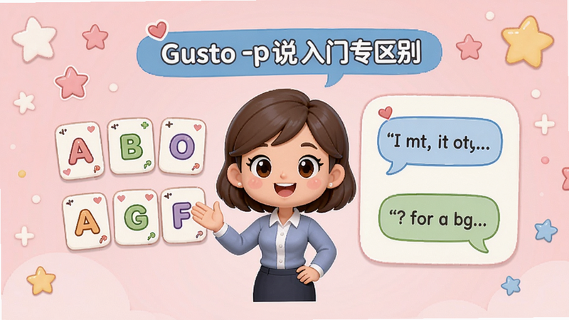 展示Gusto开口说入门专区别界面,界面中央有一个可爱的卡通老师引导,旁边有字母卡片和简单对话示例,背景为浅粉色卡通风格,整体轻松愉快,突出零基础友好特性