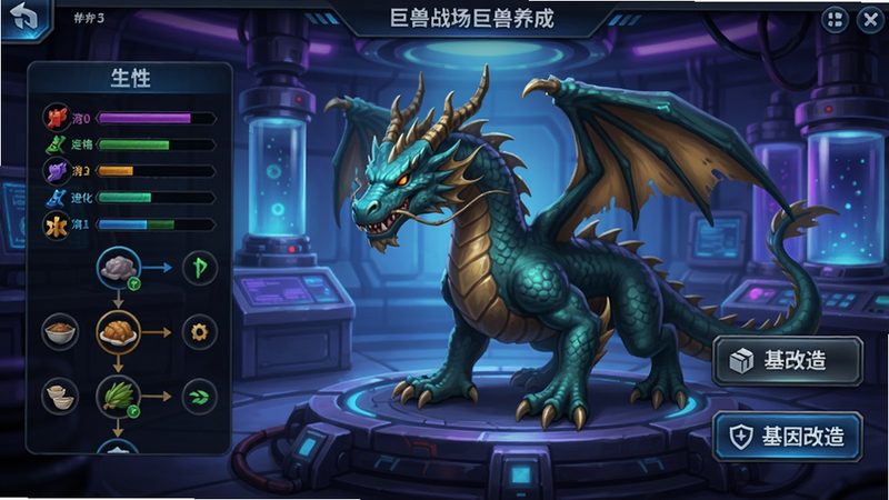 巨兽战场巨兽养成界面,展示一只青龙巨兽的进化树,左侧是属性面板,右侧有喂食和基因改造按钮,背景为科技感实验室,色彩蓝紫调,细节丰富
