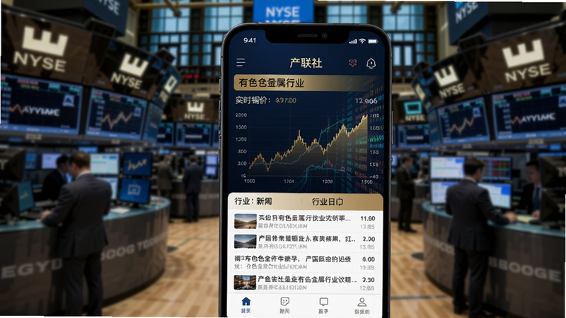 产联社是一款专业的有色金属行业资讯APP,界面以深蓝和金色为主色调,首页展示实时铜价走势图、新闻滚动条和行业日历,背景为抽象的交易数据流线条,整体风格科技感强,适配Boogu模型生成,画面主体为手机屏幕展示产联社APP界面,背景为模糊的期货交易大厅场景