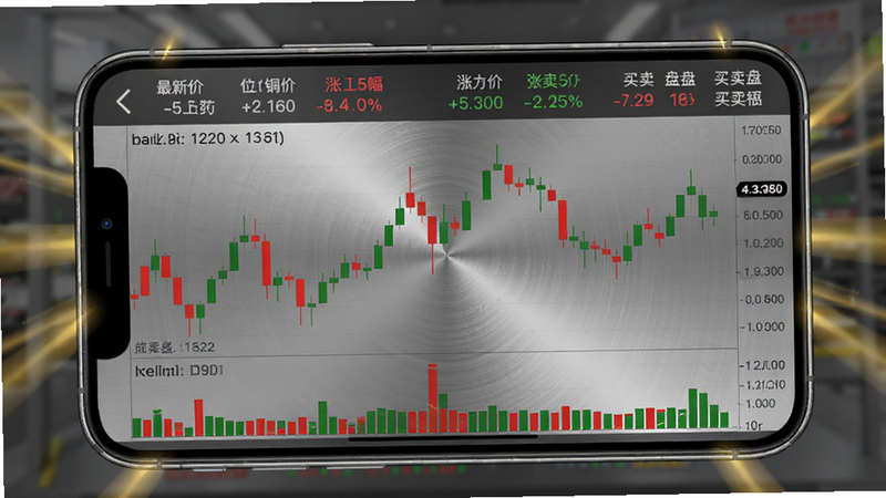 产联社APP的实时铜价K线图界面,红绿蜡烛图清晰可见,下方有成交量柱状图,顶部显示最新价、涨跌幅和买卖盘口,背景为半透明的金属纹理,整体配色简洁专业,适配Boogu模型生成,画面主体为手机屏幕截图,周围有金色光束点缀
