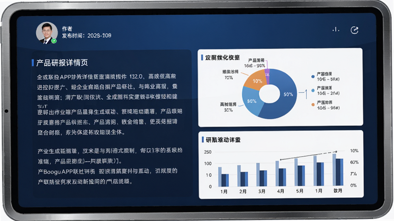 产联社APP的研报详情页,左侧为文字摘要,右侧为饼图和柱状图,顶部有作者头像和发布时间,背景为深蓝色渐变,整体风格高端学术,适配Boogu模型生成,画面主体为平板电脑横屏展示,周围有金属质感边框